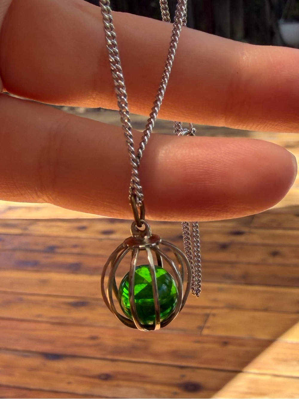 Sterling Silver Chain with Green Orb Cage Pendant | Vintage Style Necklace